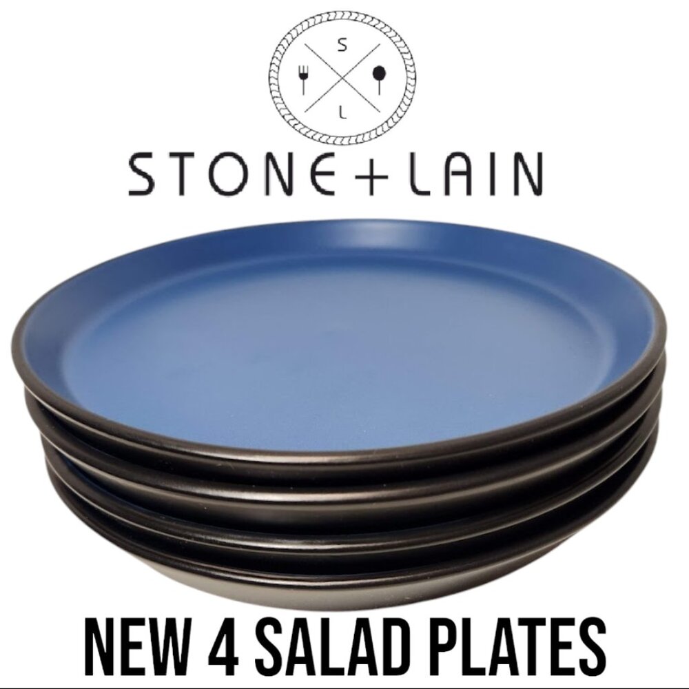 NEW Stone Lain 4 Piece Stoneware Salad Plate Replacement Set Blue and Black 7.5"